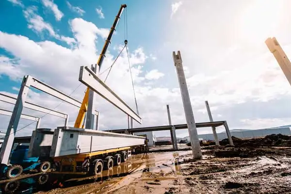 Stawianie elementów hali, unoszenie elementów hali przez dźwigi, podnoszenie elementów hali przez dźwig